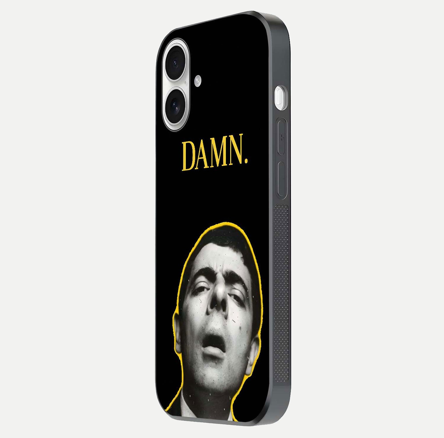 Mr Bean Damn Glass Case for iPhone 17 side-angle image emphasizing HD print clarity and playful theme