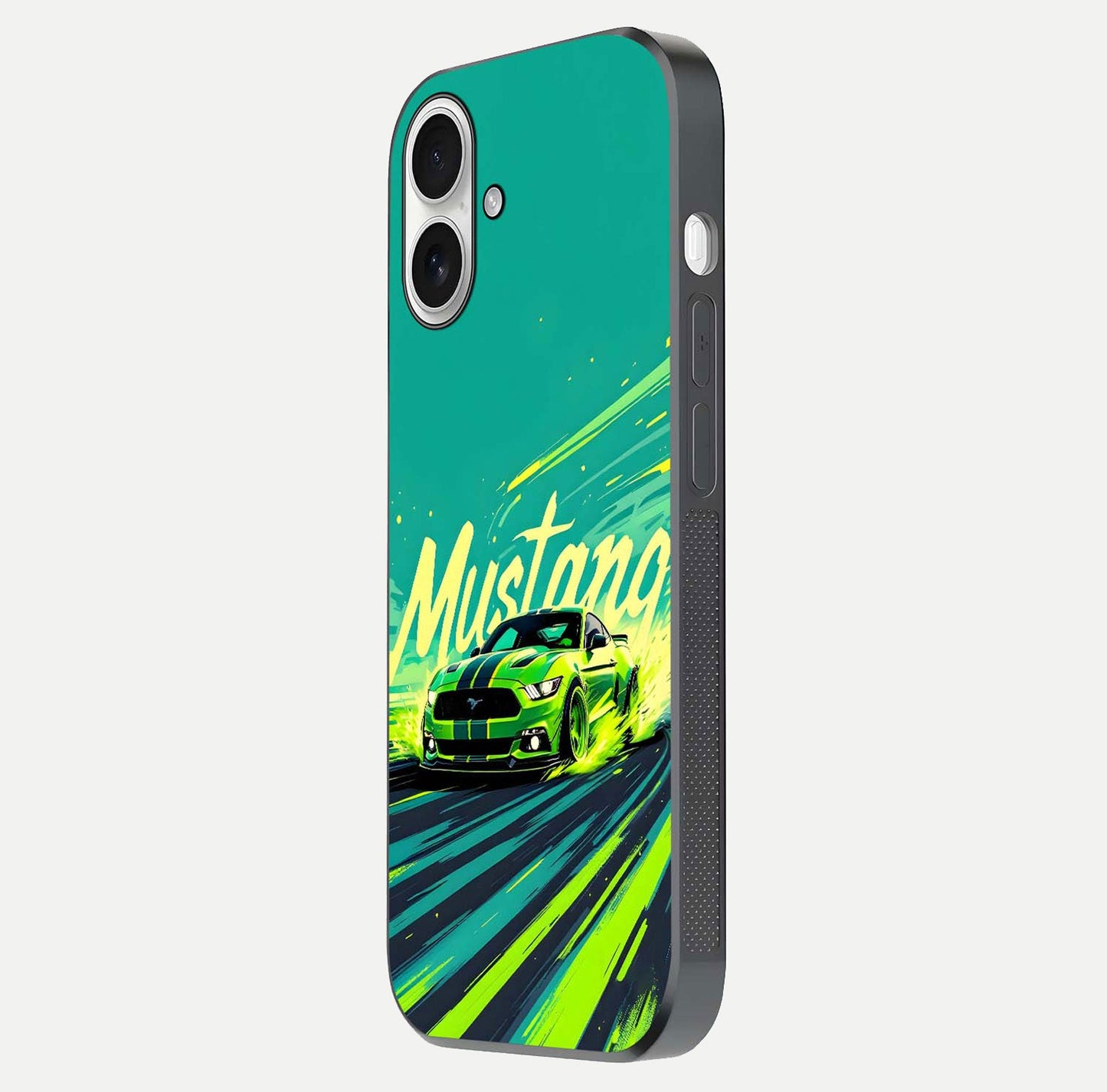 Mustang Bang Glass Case for iPhone 17 side-angle image showing reflection clarity and bold car artwork