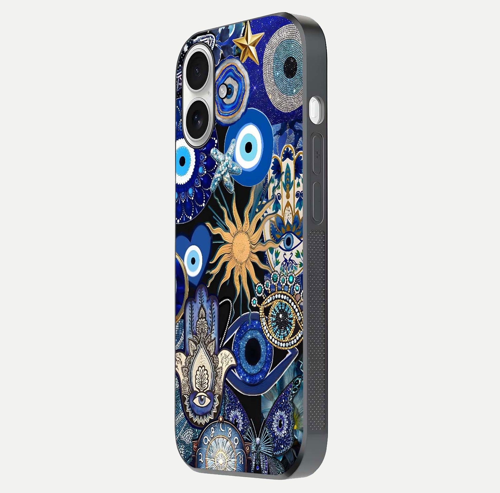 Mystic Blue Evil Eye Glass Case for iPhone 17 side-angle image showing smooth gloss and charm design