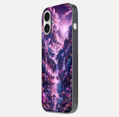 Mystic Cascade Peaks Glass Case for iPhone 17 side-angle image showing reflection and scenic art clarity