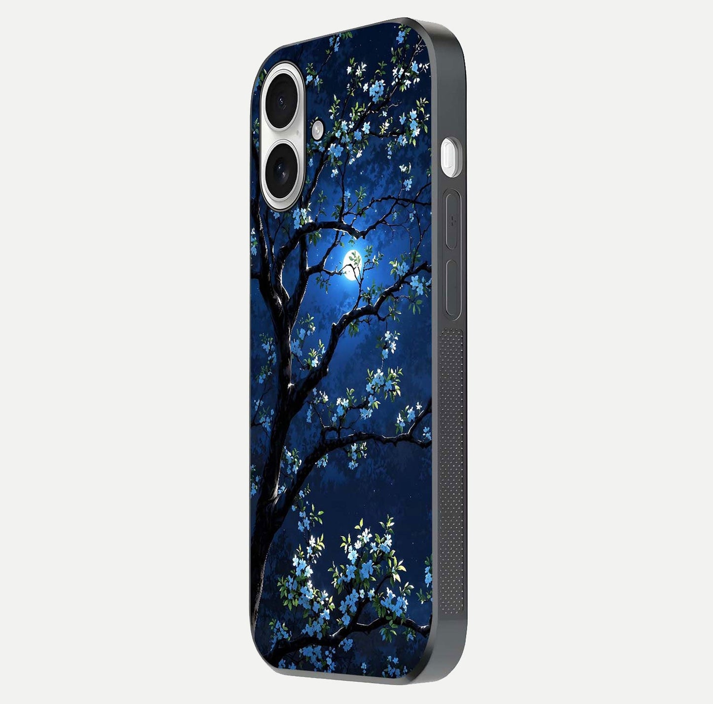 Mystic Floral Night Glass Case for iPhone 17 side-angle image showing gloss surface and midnight floral tones