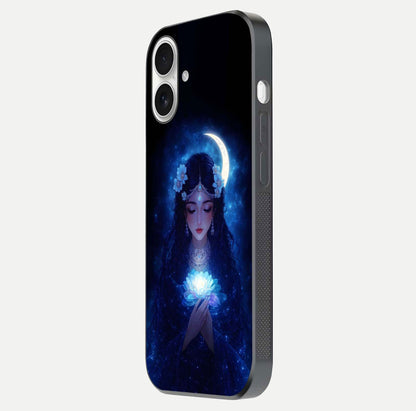 Mystic Moon Queen Glass Case for iPhone 17 side-angle image showing reflection and celestial details