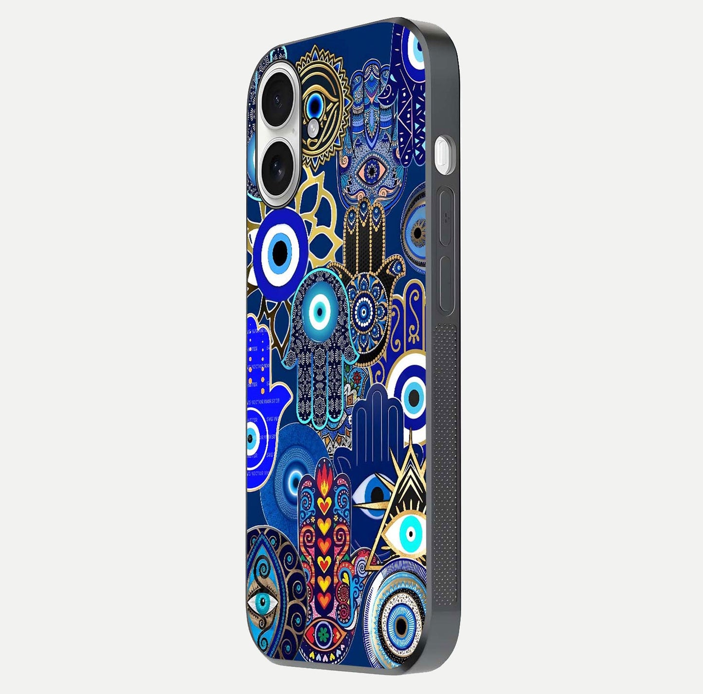 Mystic Palm Guard Glass Case for iPhone 17 side-angle image showing shine depth and sacred motif