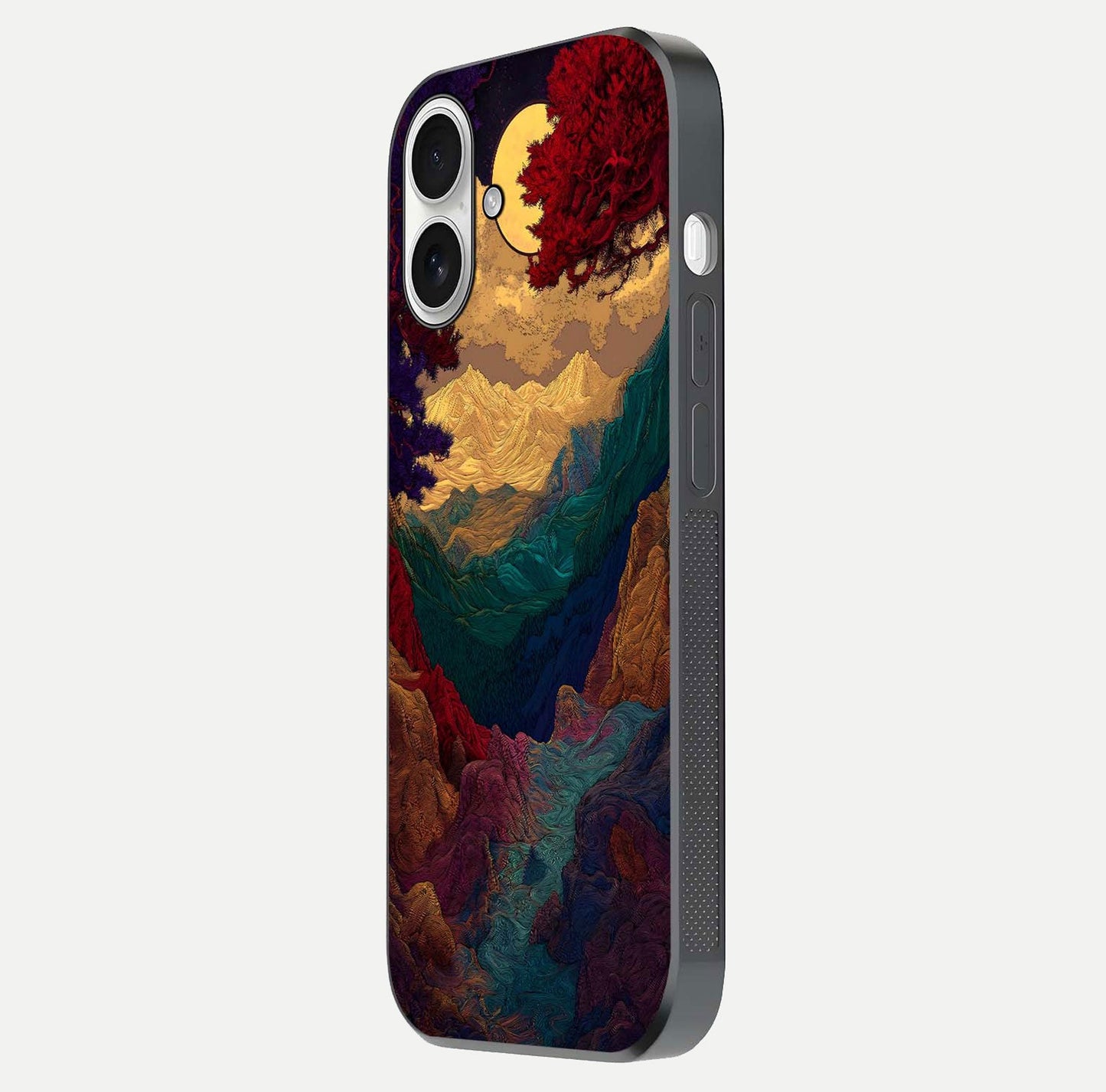 Mystic Valley Light Glass Case for iPhone 17 side-angle image showing shine and peaceful hues