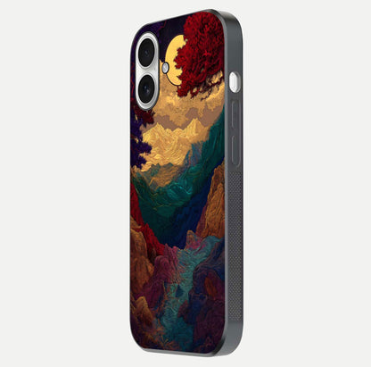 Mystic Valley Light Glass Case for iPhone 17 side-angle image showing shine and peaceful hues