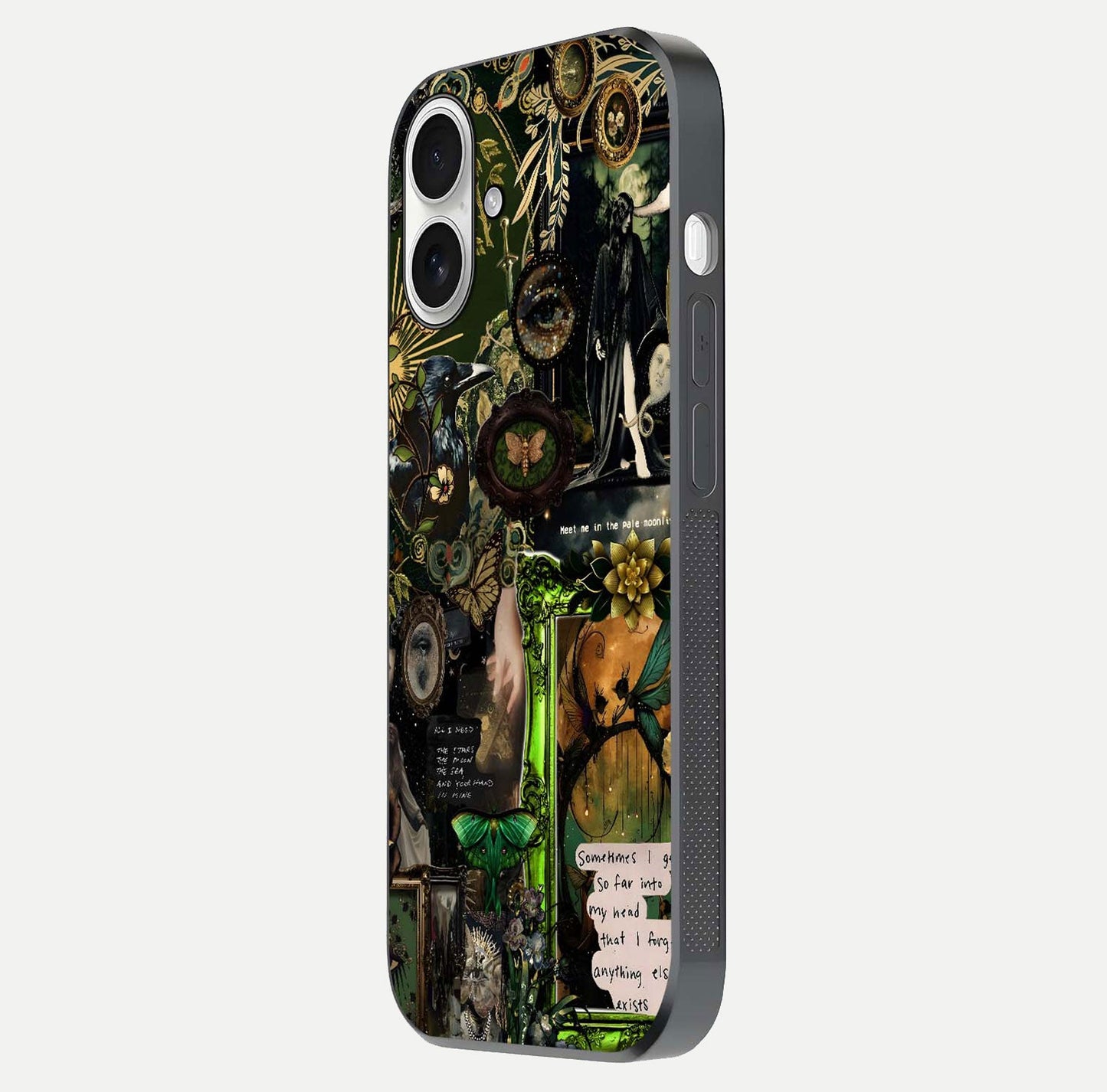Mystic Woods Secret Glass Case for iPhone 17 side-angle image showing gloss reflection and forest pattern