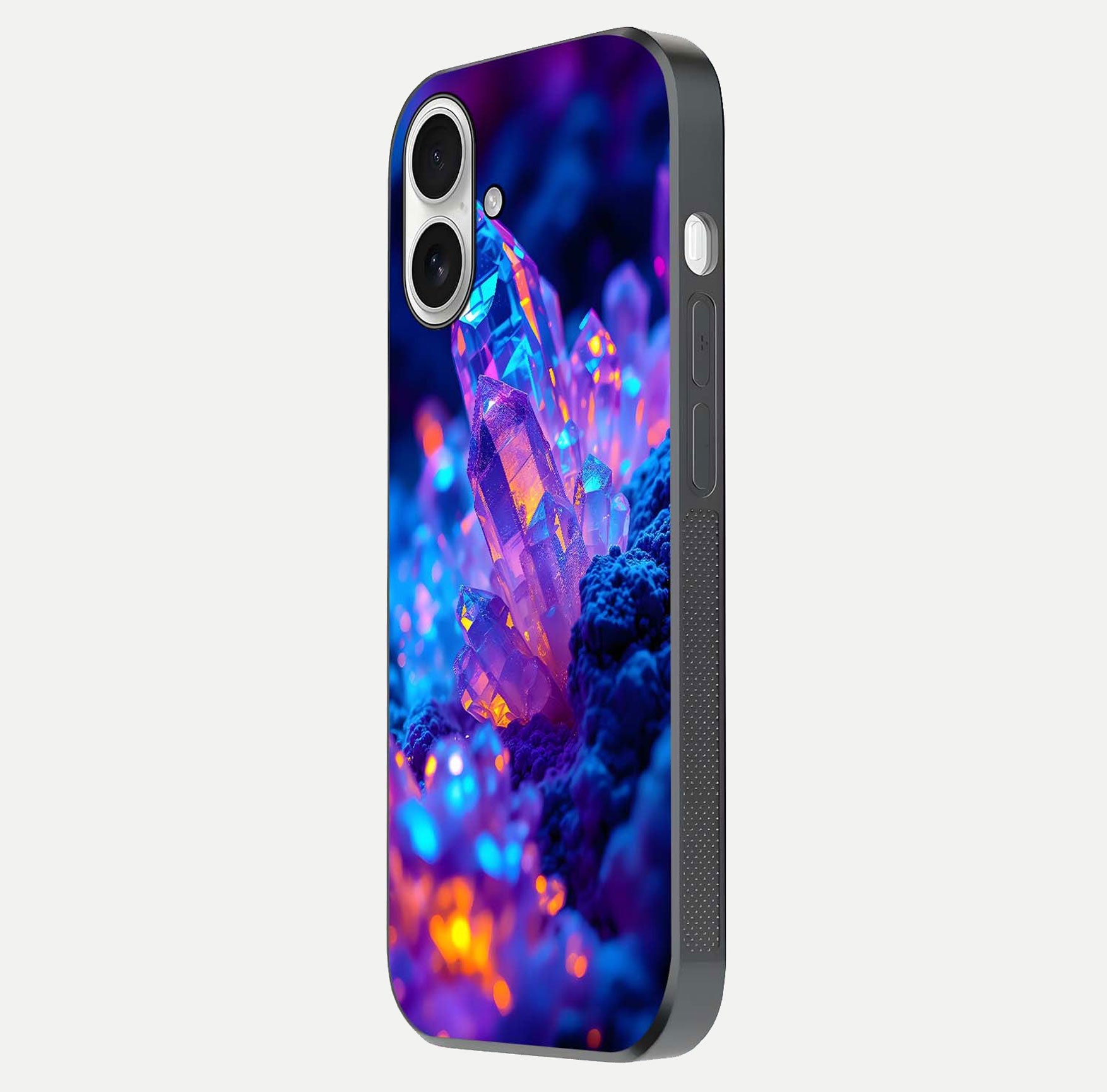 Neon Aura Shards Glass Case for iPhone 17 side-angle image showing light depth and glossy contrast