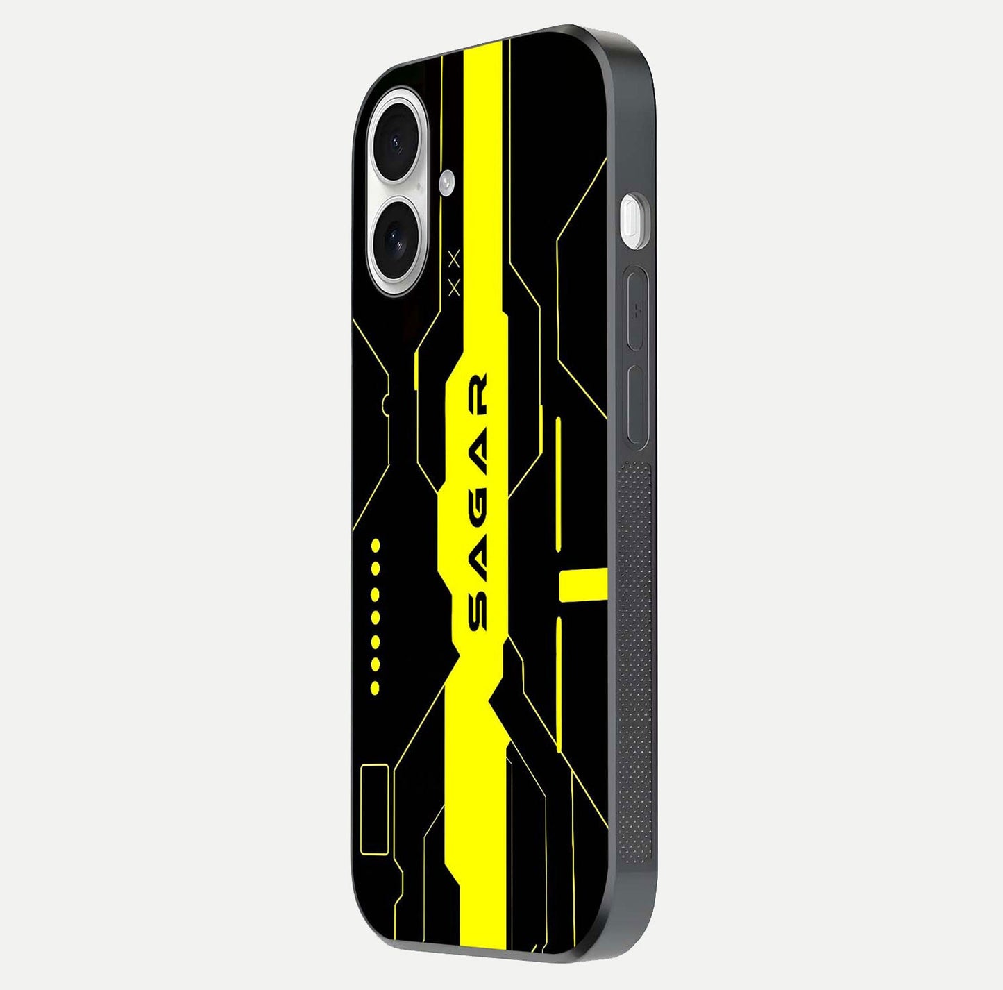 Neon CYBERPUNK Custom Name Glass Case for iPhone 17 side-angle image showing glow depth and bold print
