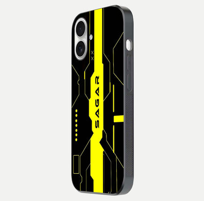 Neon CYBERPUNK Custom Name Glass Case for iPhone 17 side-angle image showing glow depth and bold print