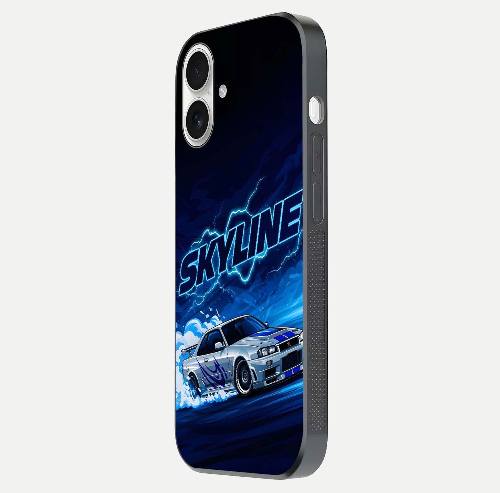 Neon Drift Beast Glass Case for iPhone 17 side-angle image showing reflection depth and bold neon tones