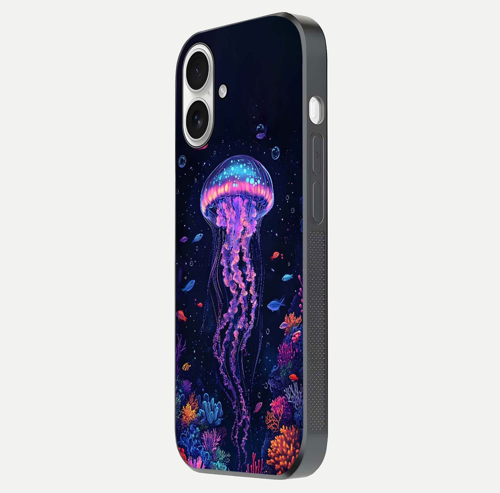 Neon Jellyfish Glass Case for iPhone 17 side-angle image showing reflection and oceanic light detailing