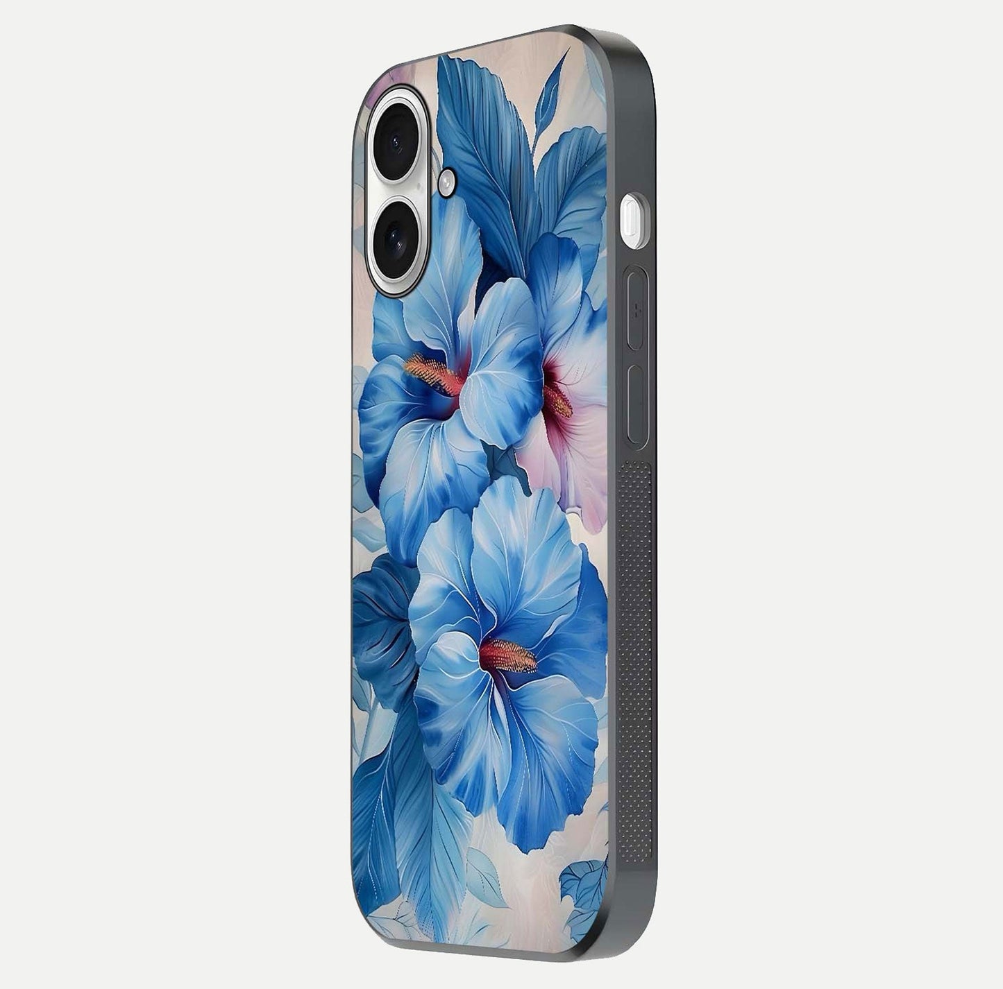 Ocean Hibiscus Grace Glass Case for iPhone 17 side-angle image showing smooth texture and hibiscus details