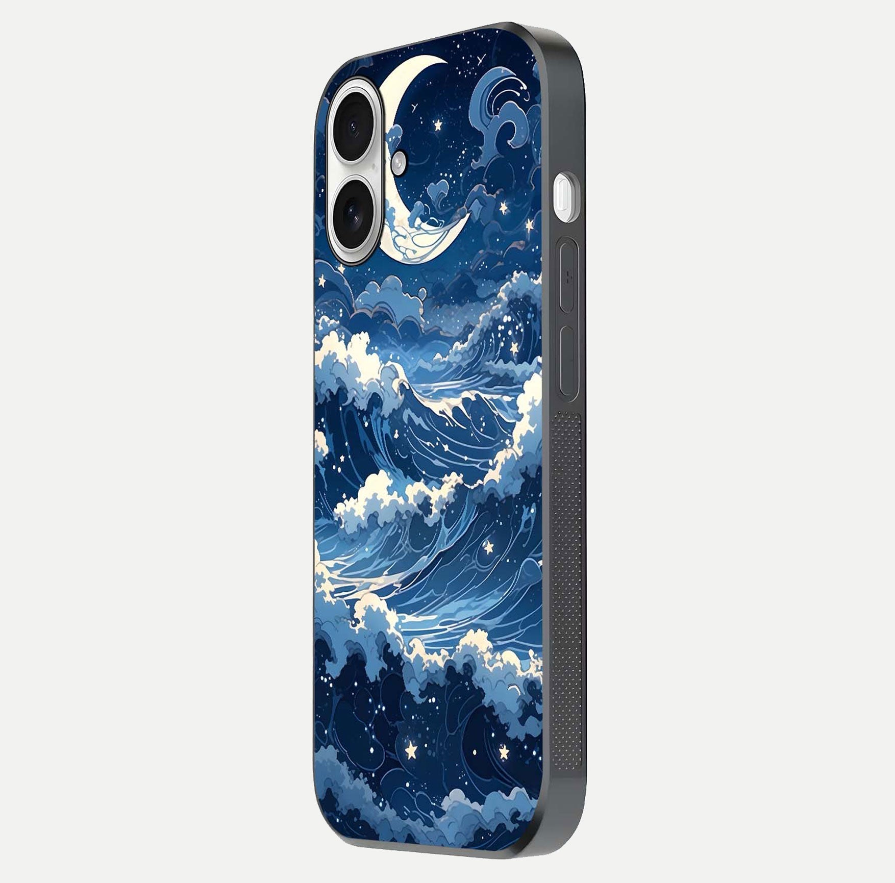 Ocean Moon Waves Glass Case for iPhone 17 side-angle image showing shine and ocean gradient tones