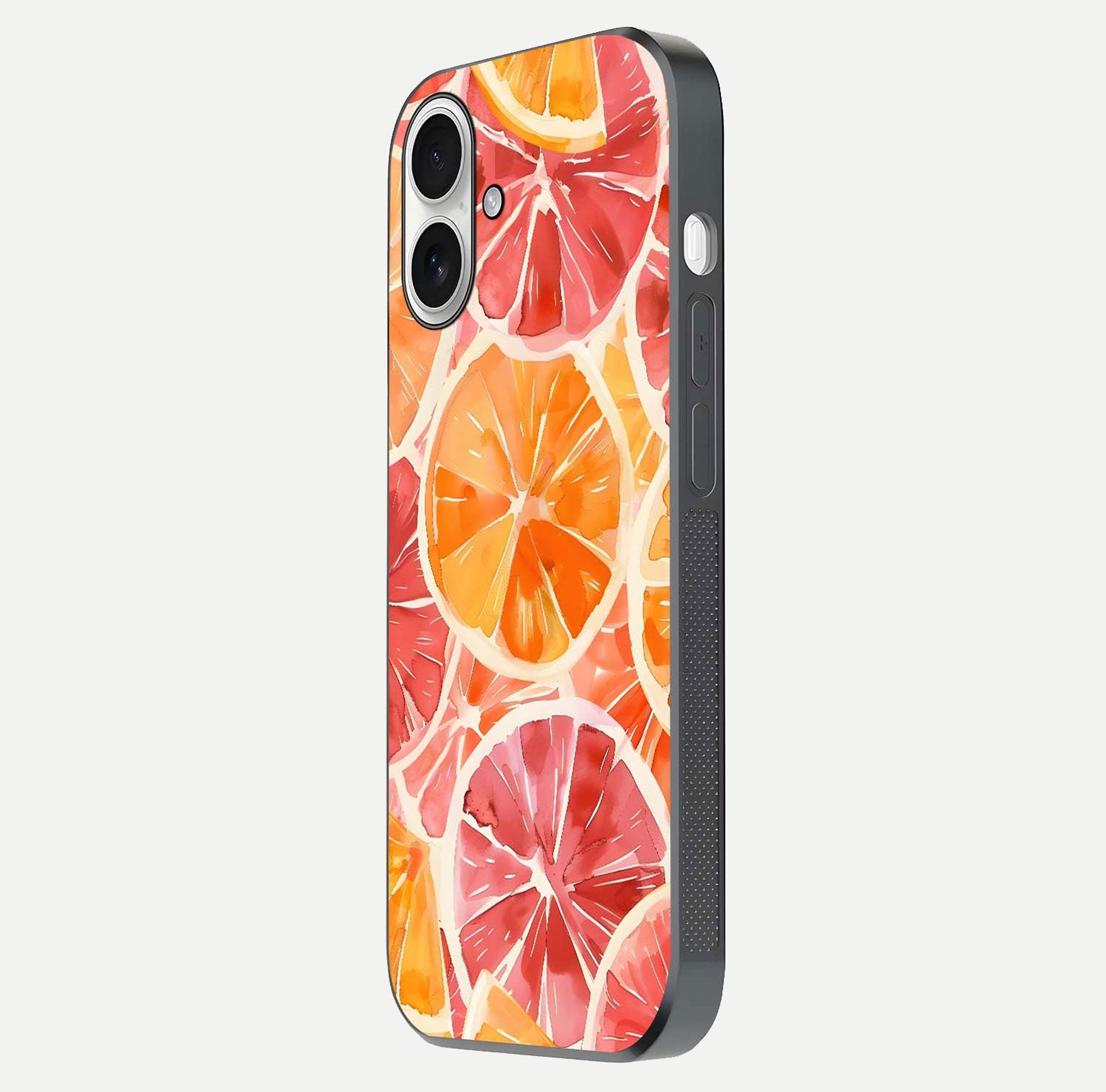 Orange Fruits Pattern Glass Case for iPhone 17 side-angle image showing glossy shine and citrus pattern