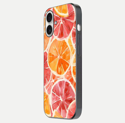 Orange Fruits Pattern Glass Case for iPhone 17 side-angle image showing glossy shine and citrus pattern