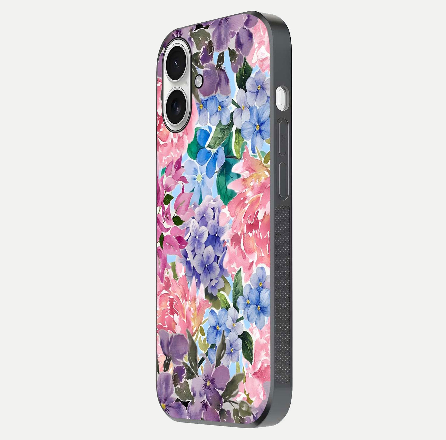 Pastel Floral Mix Glass Case for iPhone 17 side-angle image showing reflection and delicate pastel hues