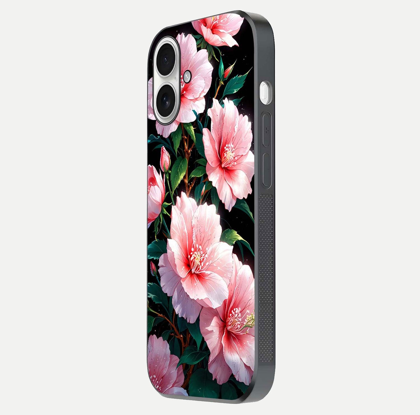 Peach Flower Glass Case for iPhone 17 side-angle image showing gloss depth and peach blossom detail