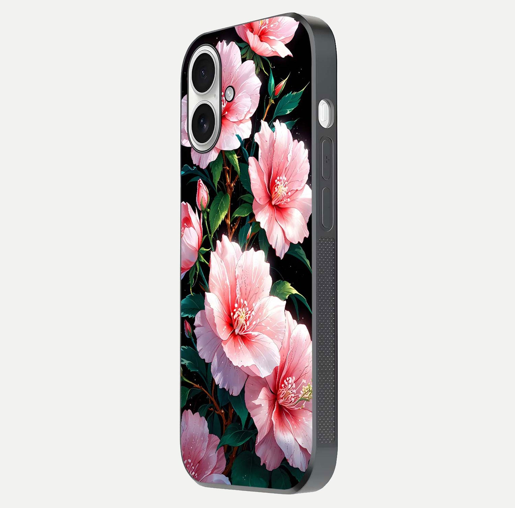 Peach Flower Glass Case for iPhone 17 side-angle image showing gloss depth and peach blossom detail