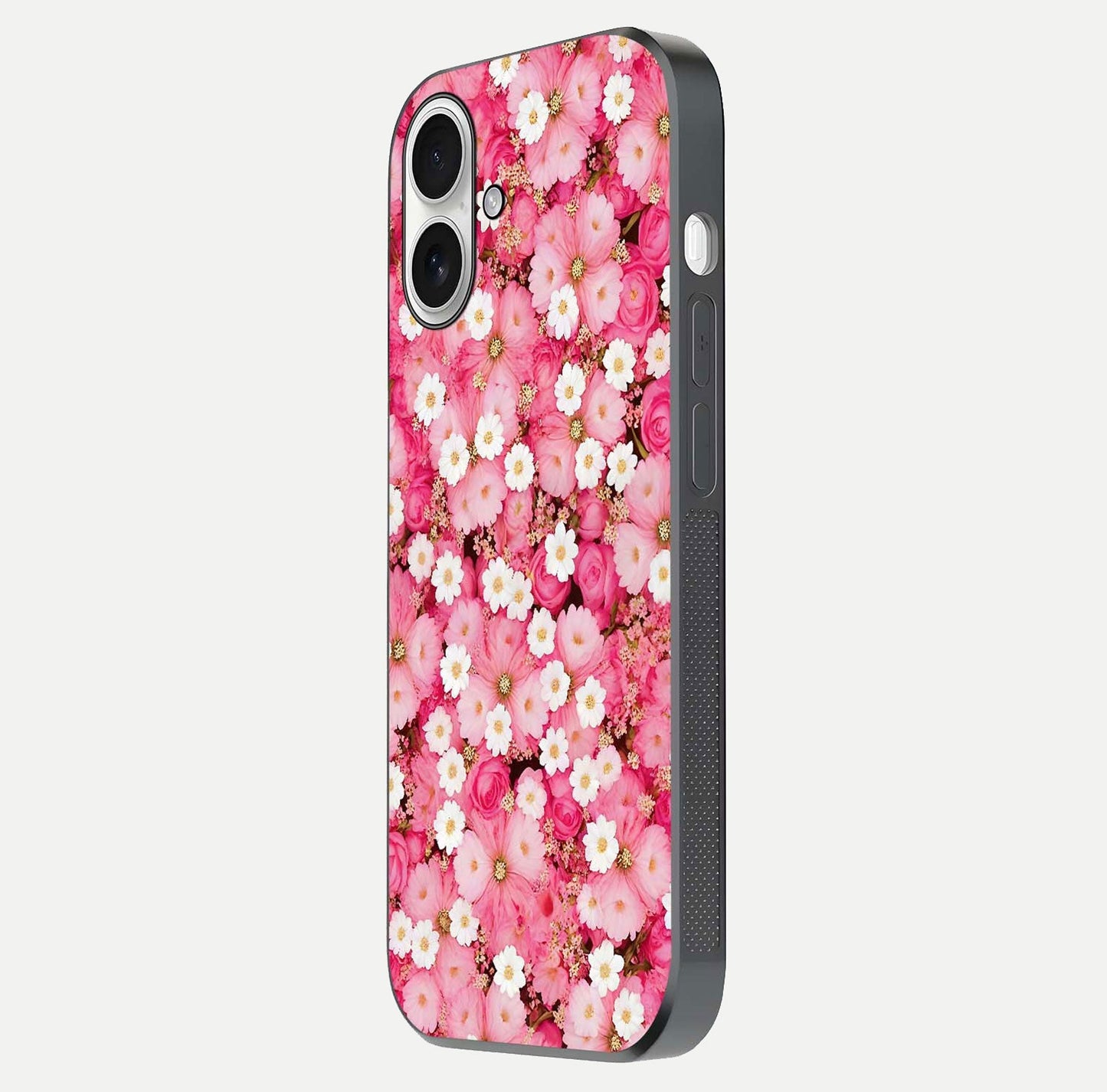 Pink Daisy Bliss Glass Case for iPhone 17 side-angle image showing delicate daisy pattern and glass reflection