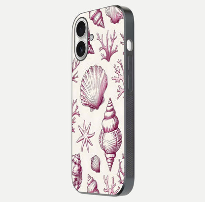 Pink Shells Outline Glass Case for iPhone 17 side-angle image showing shine and intricate outline texture