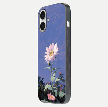 Pink Sunflower Glow Glass Case for iPhone 17 side-angle image showing glossy edges and vivid sunflower tones