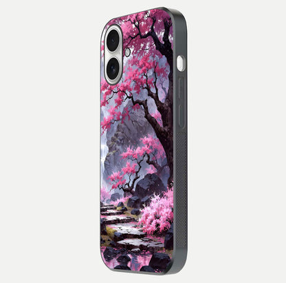 Pinkish Scenery Glass Case for iPhone 17 side-angle image showing depth, gloss, and scenic details