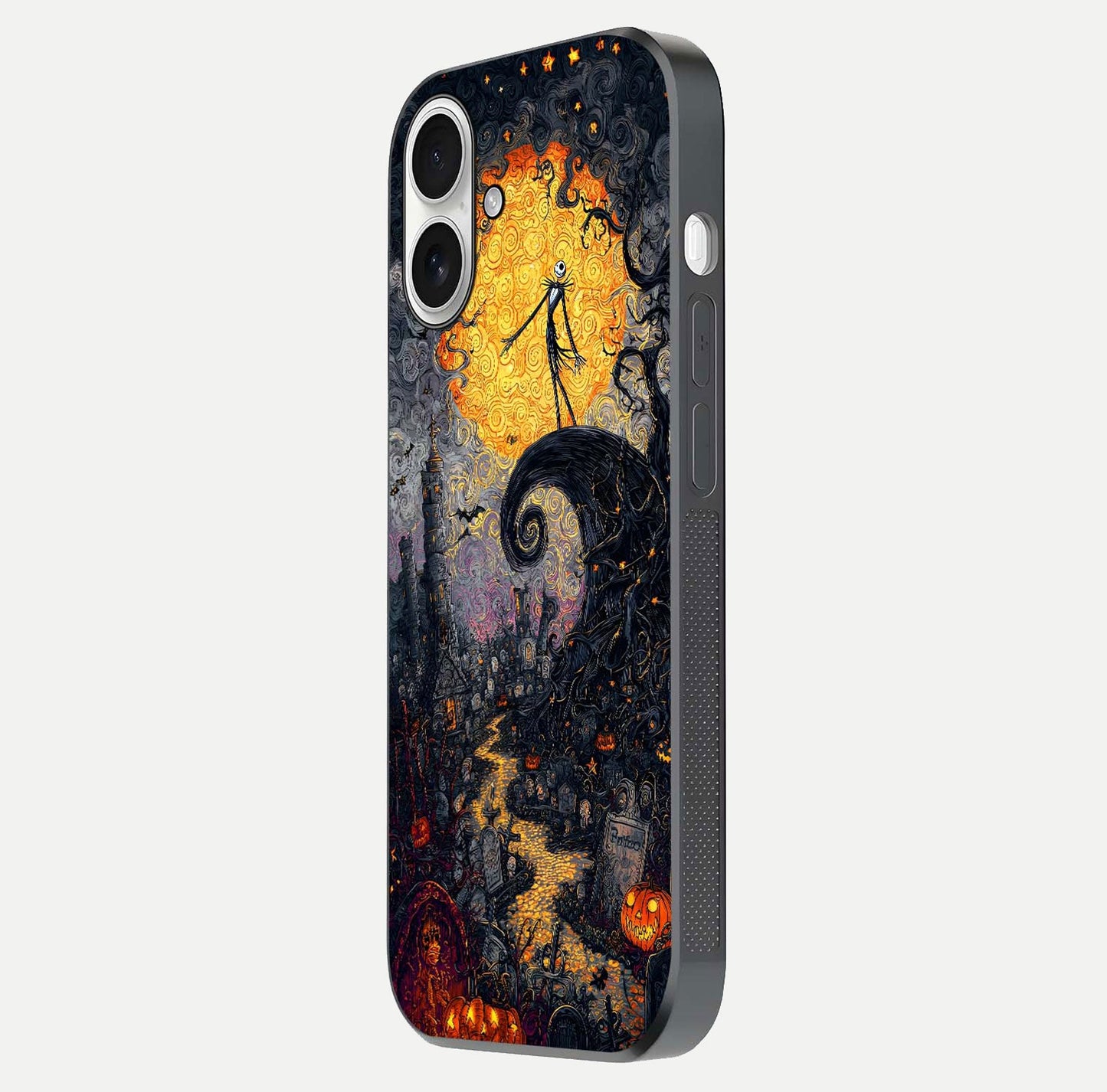 Pumpkin Moon Night Glass Case for iPhone 17 side-angle image showing reflection depth and pumpkin pattern