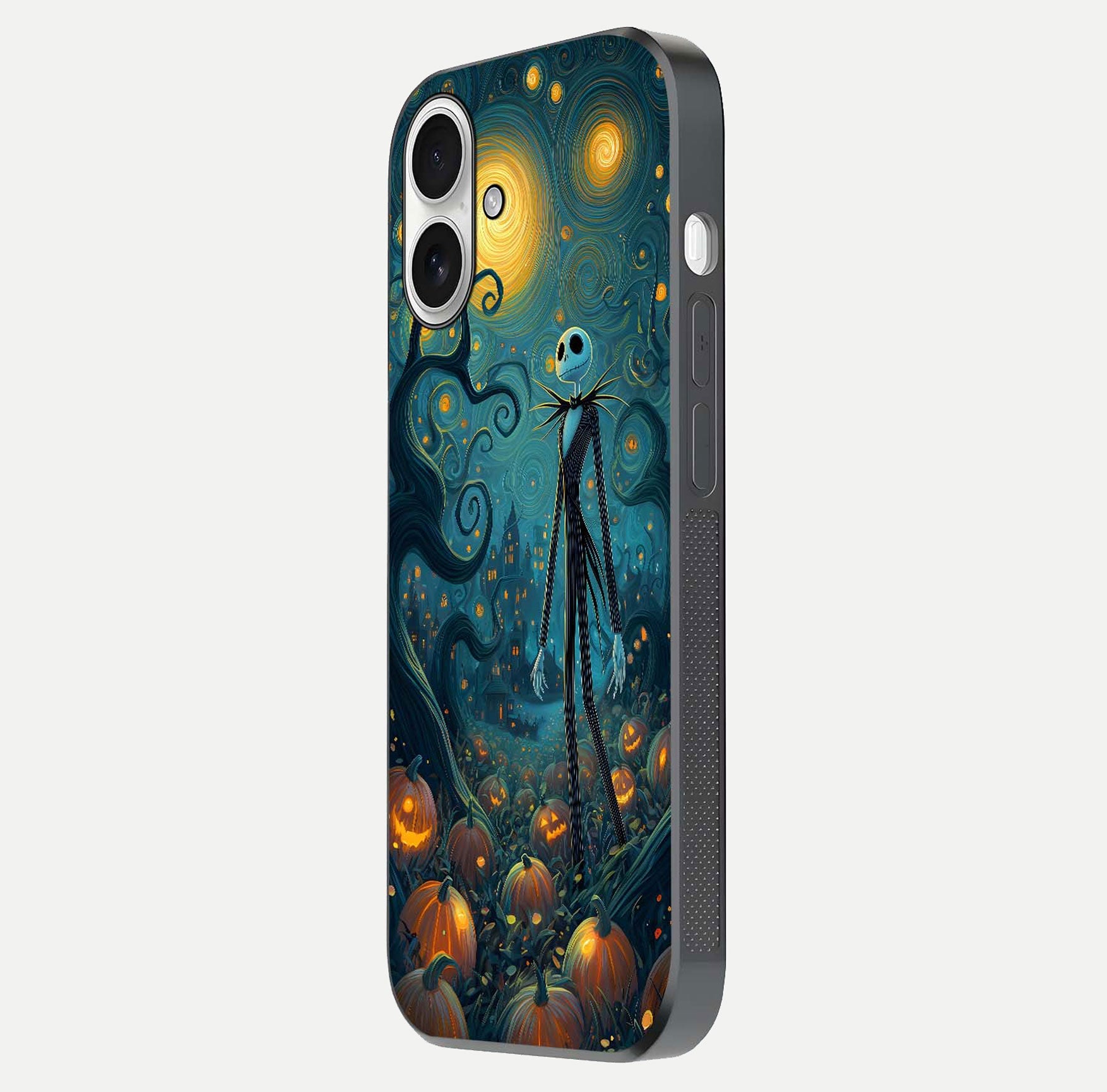 Pumpkin Moonlight Tale Glass Case for iPhone 17 side-angle image showing glow texture and Halloween vibe