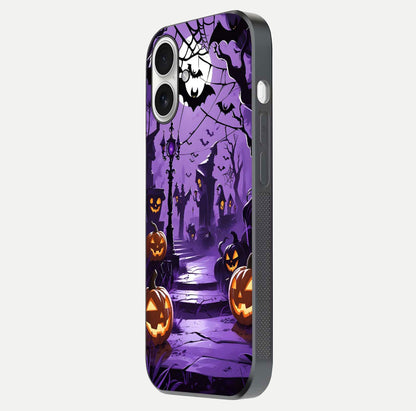 Pumpkin Patch Halloween Glass Case for iPhone 17 side-angle image showing shine, camera cutout, and spooky art