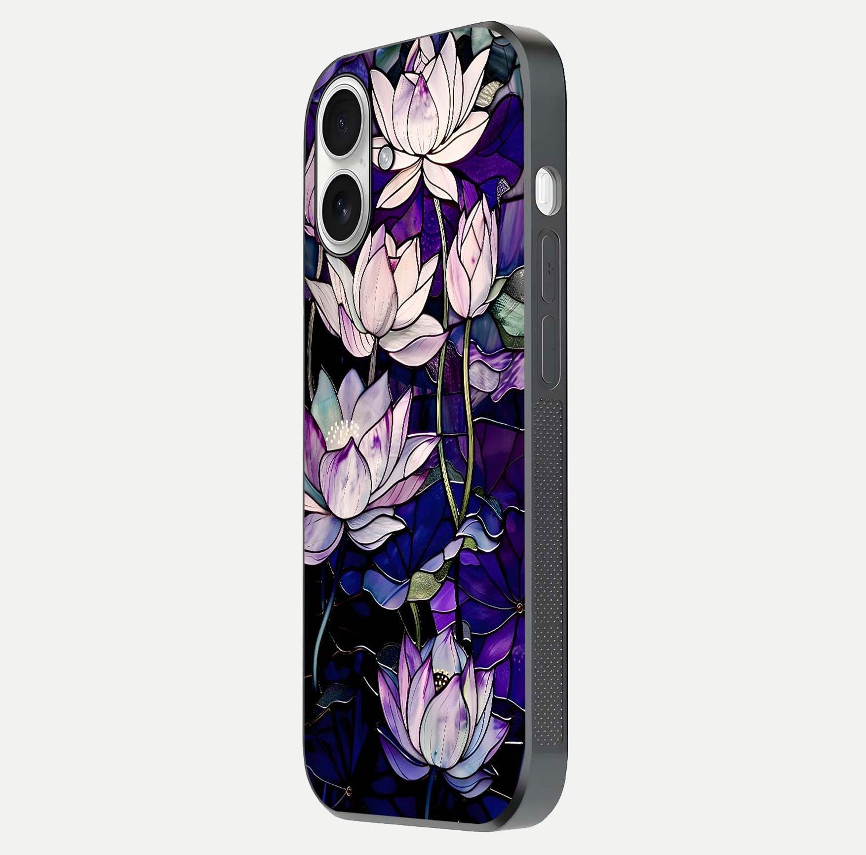 Purple Lotus Pattern Glass Case for iPhone 17 side-angle image showing reflection depth and lotus detail