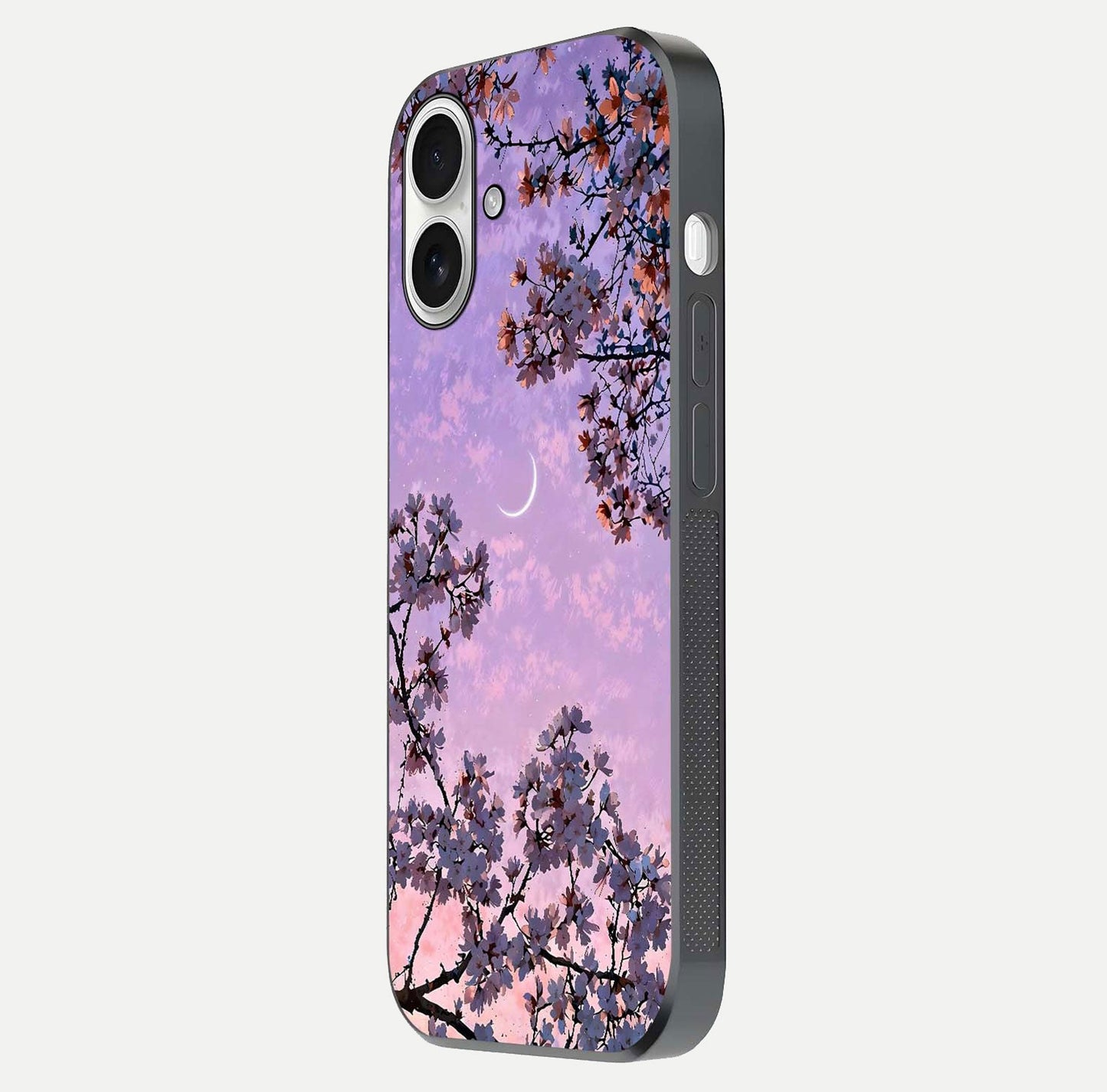 Purple Serenity Moon Glass Case for iPhone 17 side-angle image showing reflection and lunar art precision