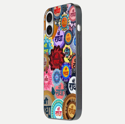 Radha Divine Bloom Glass Case for iPhone 17 side-angle image showing shine, reflection, and floral motif