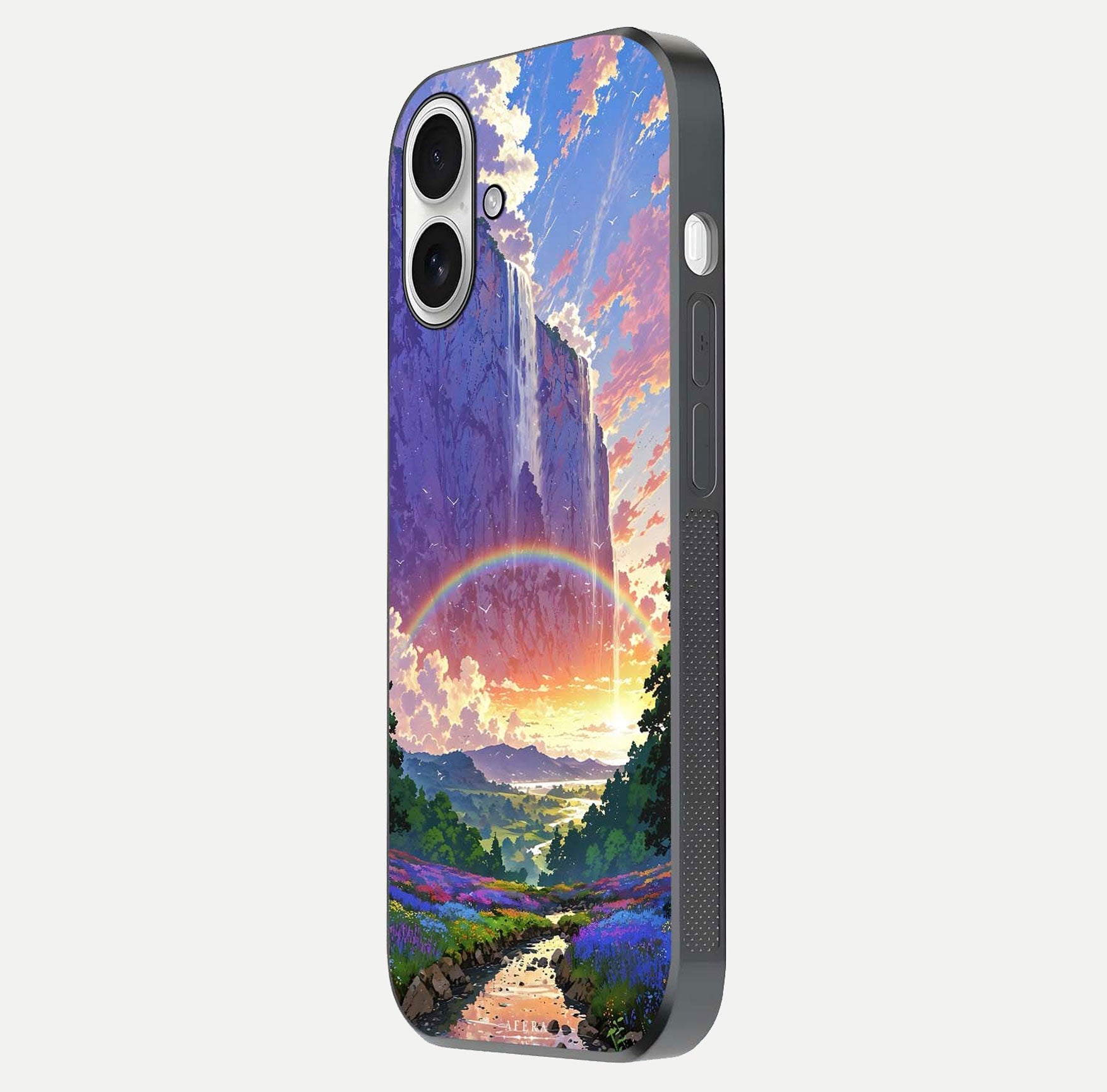 Rainbow Valley Dream Glass Case for iPhone 17 side-angle image showing light reflection and scenic tones