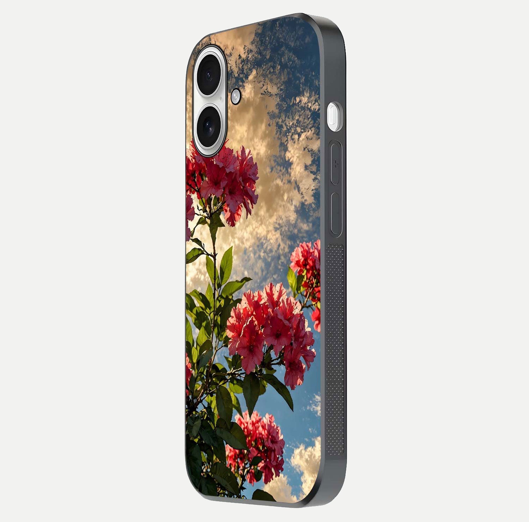 Red Bloom Skies Glass Case for iPhone 17 side-angle image showing reflection, print clarity, and tone blend
