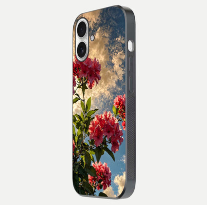 Red Bloom Skies Glass Case for iPhone 17 side-angle image showing reflection, print clarity, and tone blend