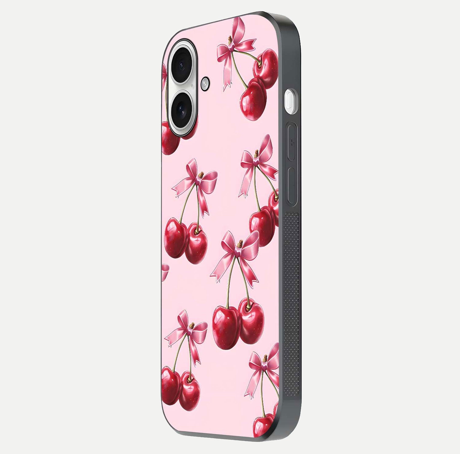 Red Cherries Pattern Glass Case for iPhone 17 side-angle image showing gloss surface and cherry details