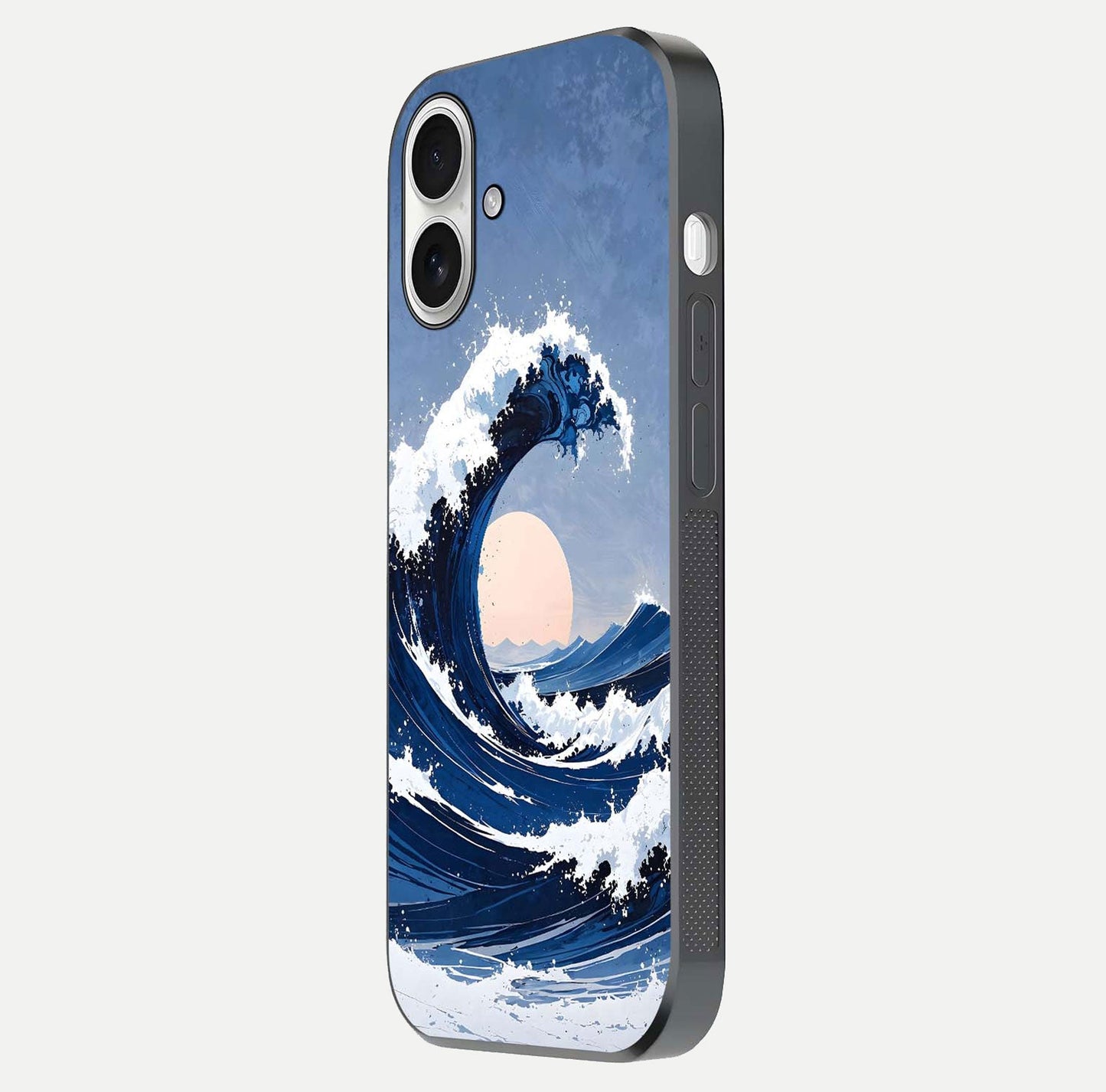 Rising Tide Power Glass Case for iPhone 17 side-angle image showing shine and detailed ocean art