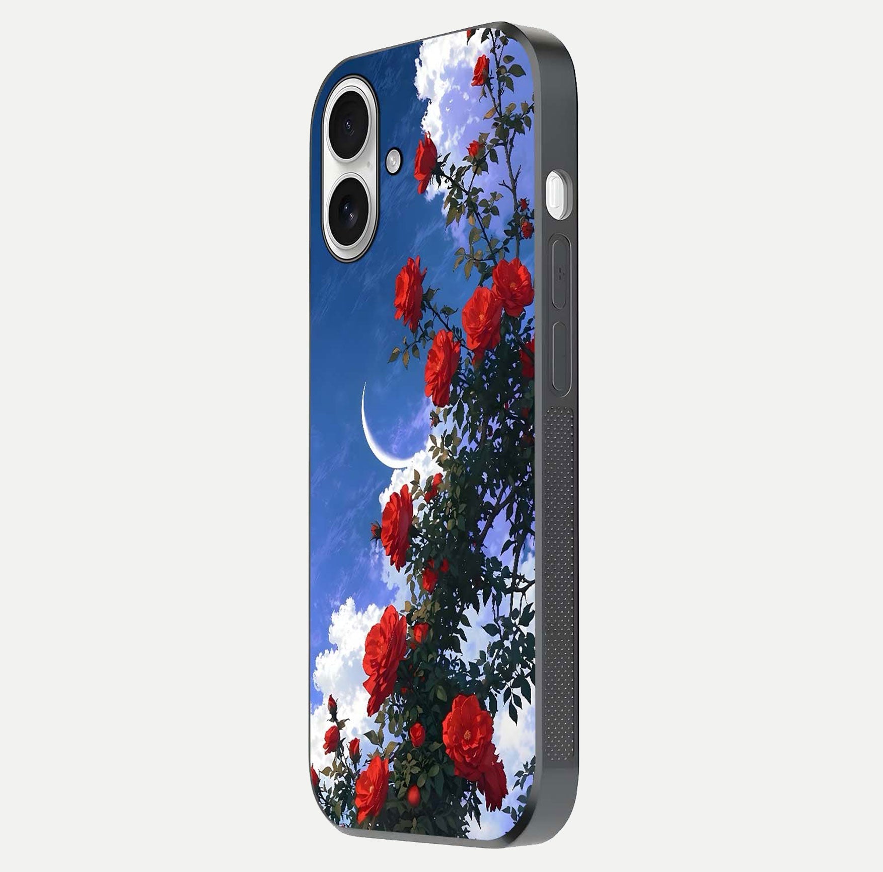 Rose Drift Flowers Glass Case for iPhone 17 side-angle image showing reflection and petal detail