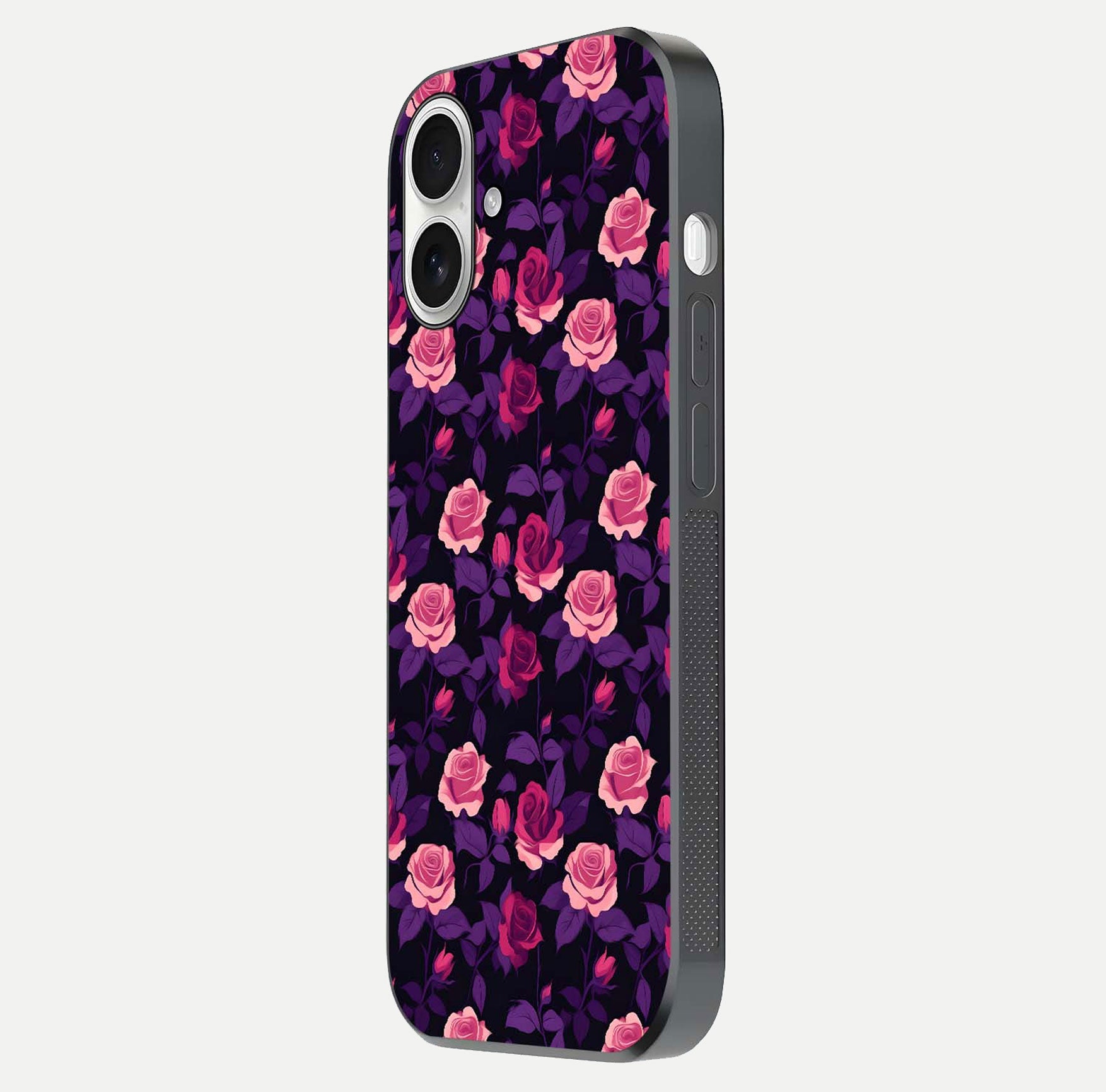 Rose Garden Twilight Glass Case for iPhone 17 side-angle image showing reflection, gloss, and floral detail