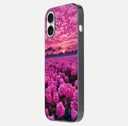 Rose Sunset Valley Glass Case for iPhone 17 side-angle image showing smooth edges and floral glow