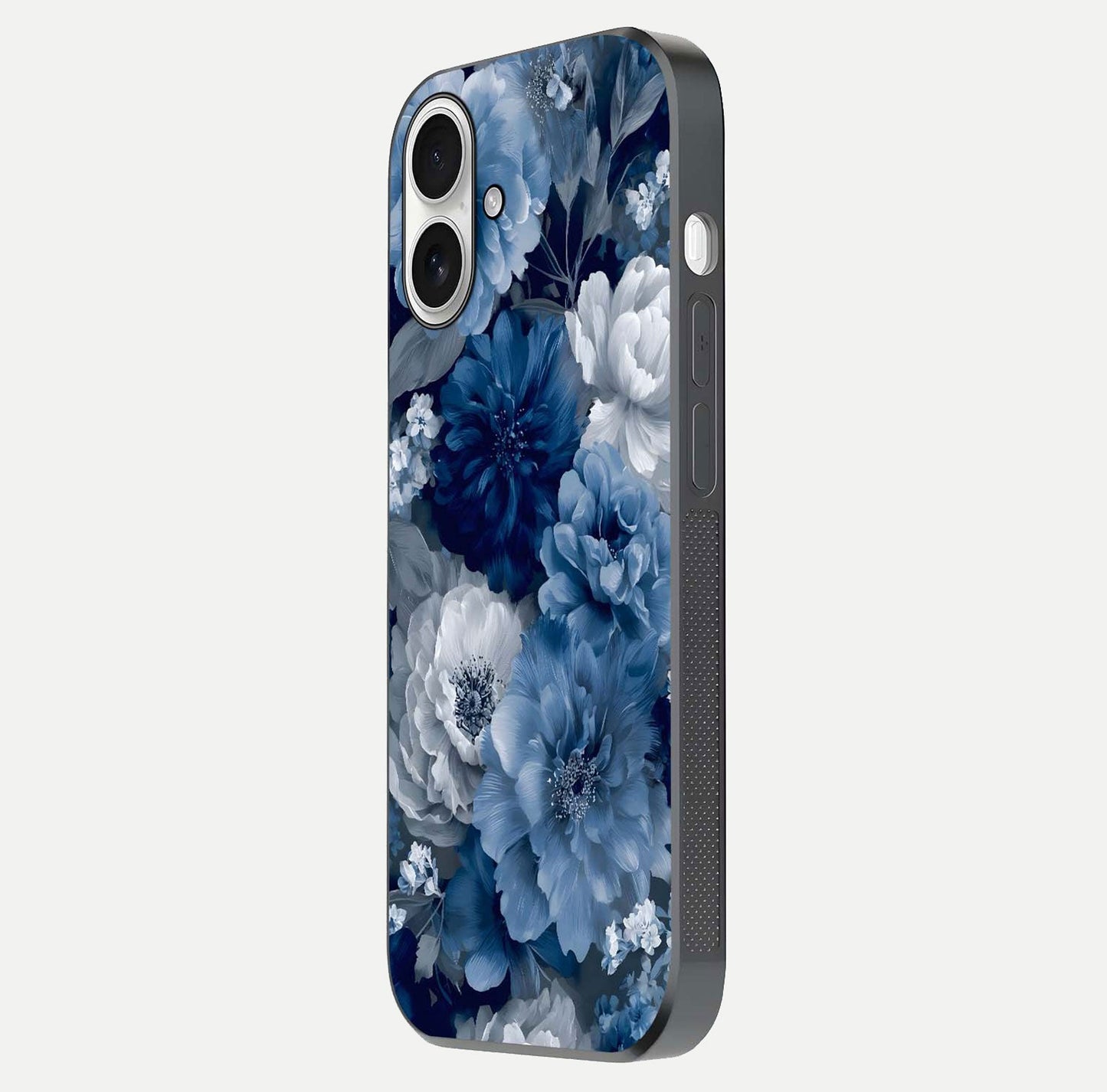 Royal Bloom Garden Glass Case for iPhone 17 side-angle image showing floral pattern, edges, and reflection