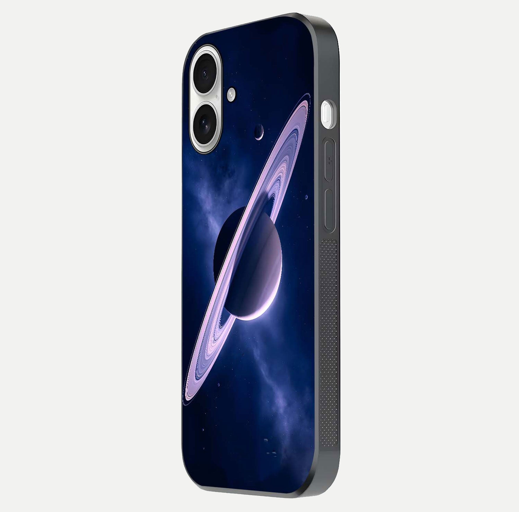 Saturn Ring Mystique Glass Case for iPhone 17 side-angle image showing shine and galaxy ring focus
