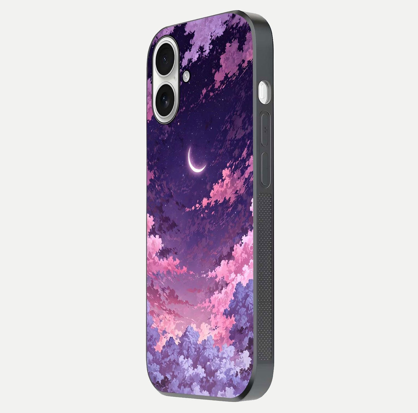 Sky Drift Clouds Glass Case for iPhone 17 side-angle image showing reflection, blue tones, and soft gradient