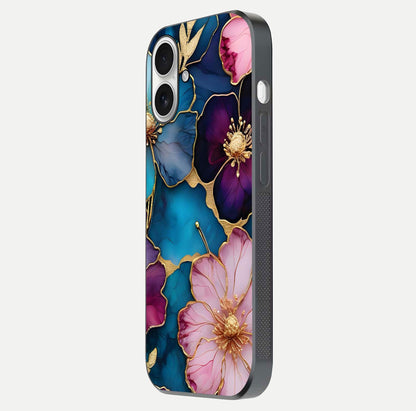 Sparkle Floral Glass Case for iPhone 17 side-angle image showing reflection, gloss, and floral texture