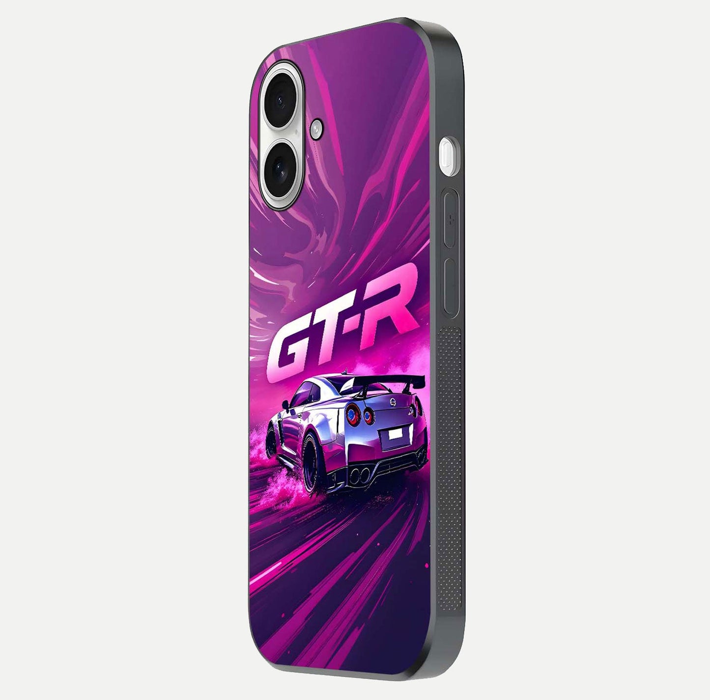 Speed Drift Legend Glass Case for iPhone 17 side-angle image showing car print reflection and surface gloss