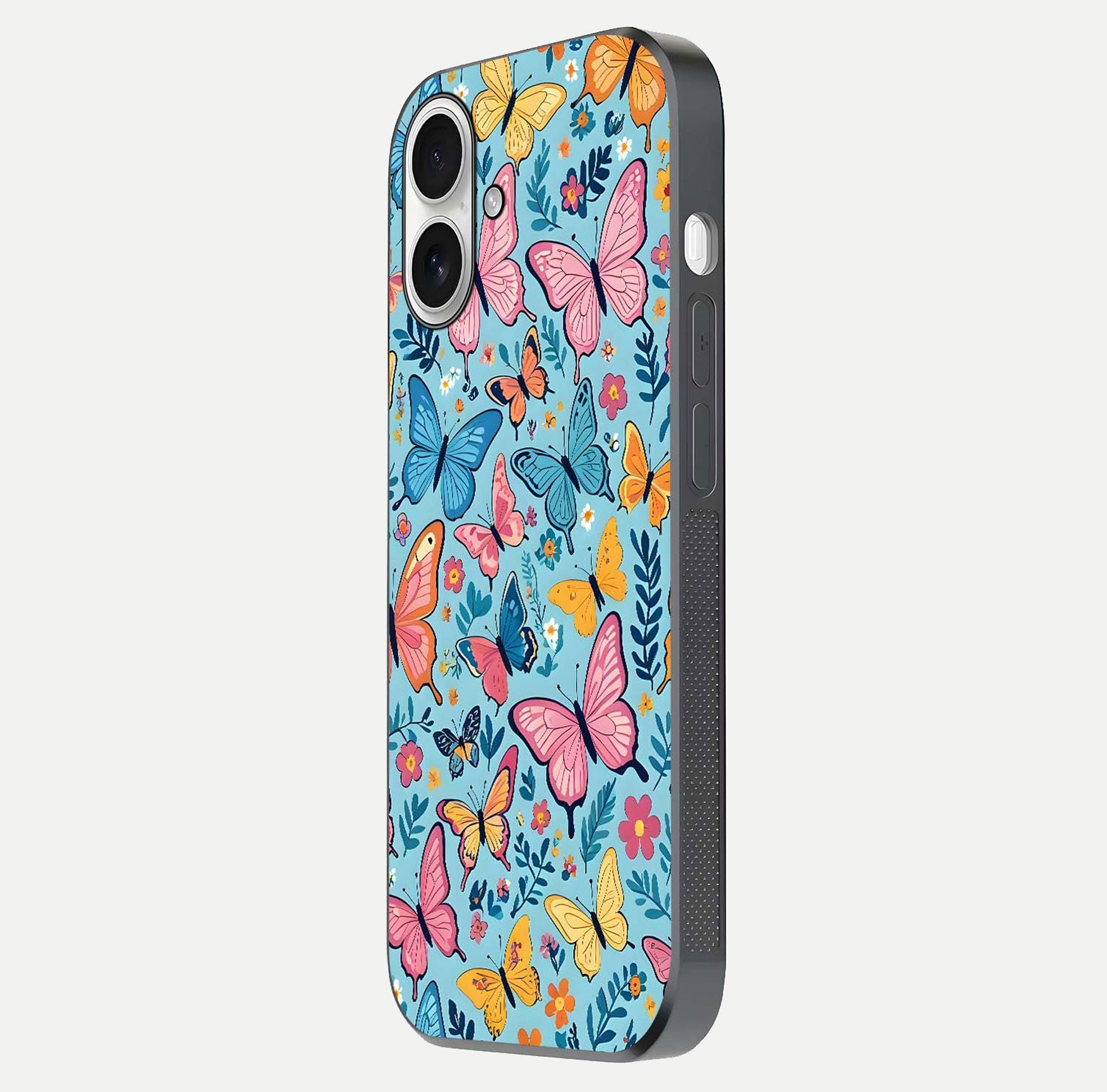 Spring Wing Garden Glass Case for iPhone 17 side-angle image showing shine, color, and pattern depth
