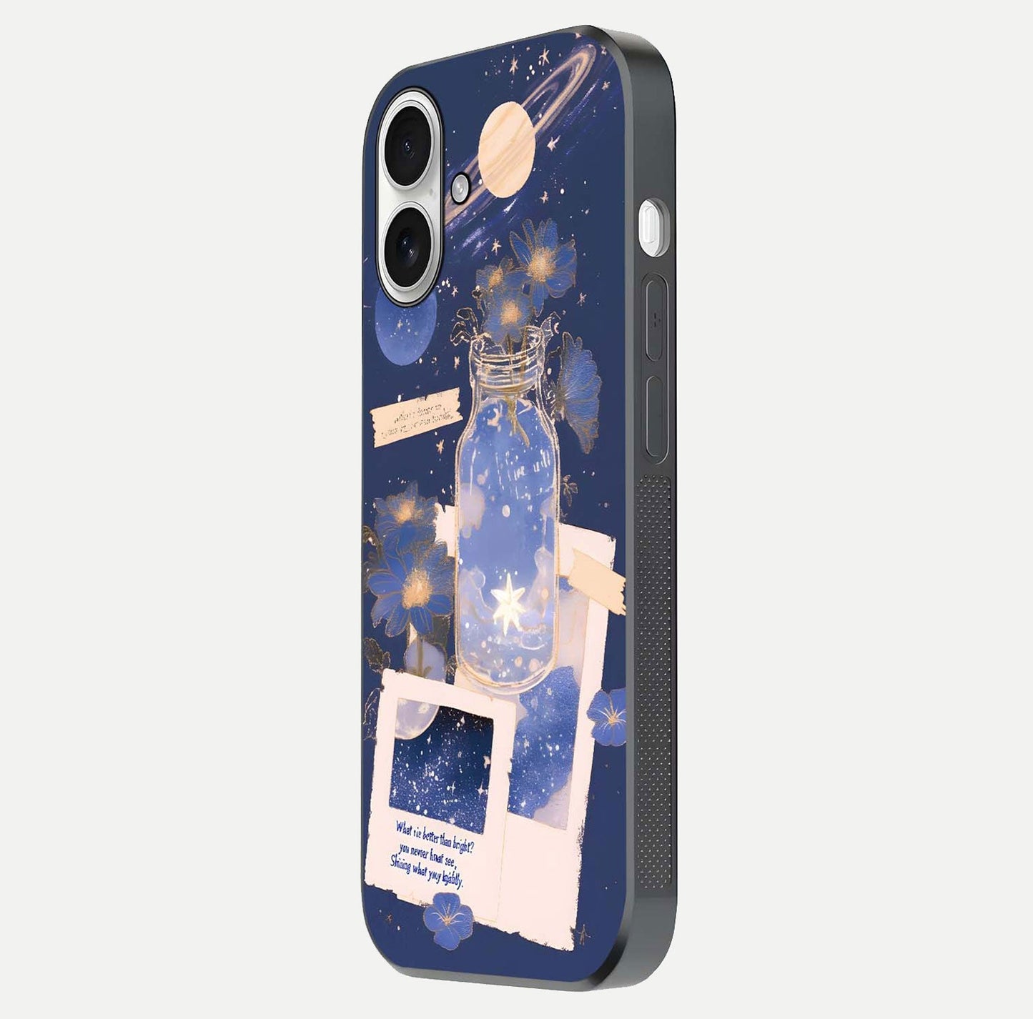 Starlit Cosmic Jar Glass Case for iPhone 17 side-angle image showing glow, texture, and light reflection