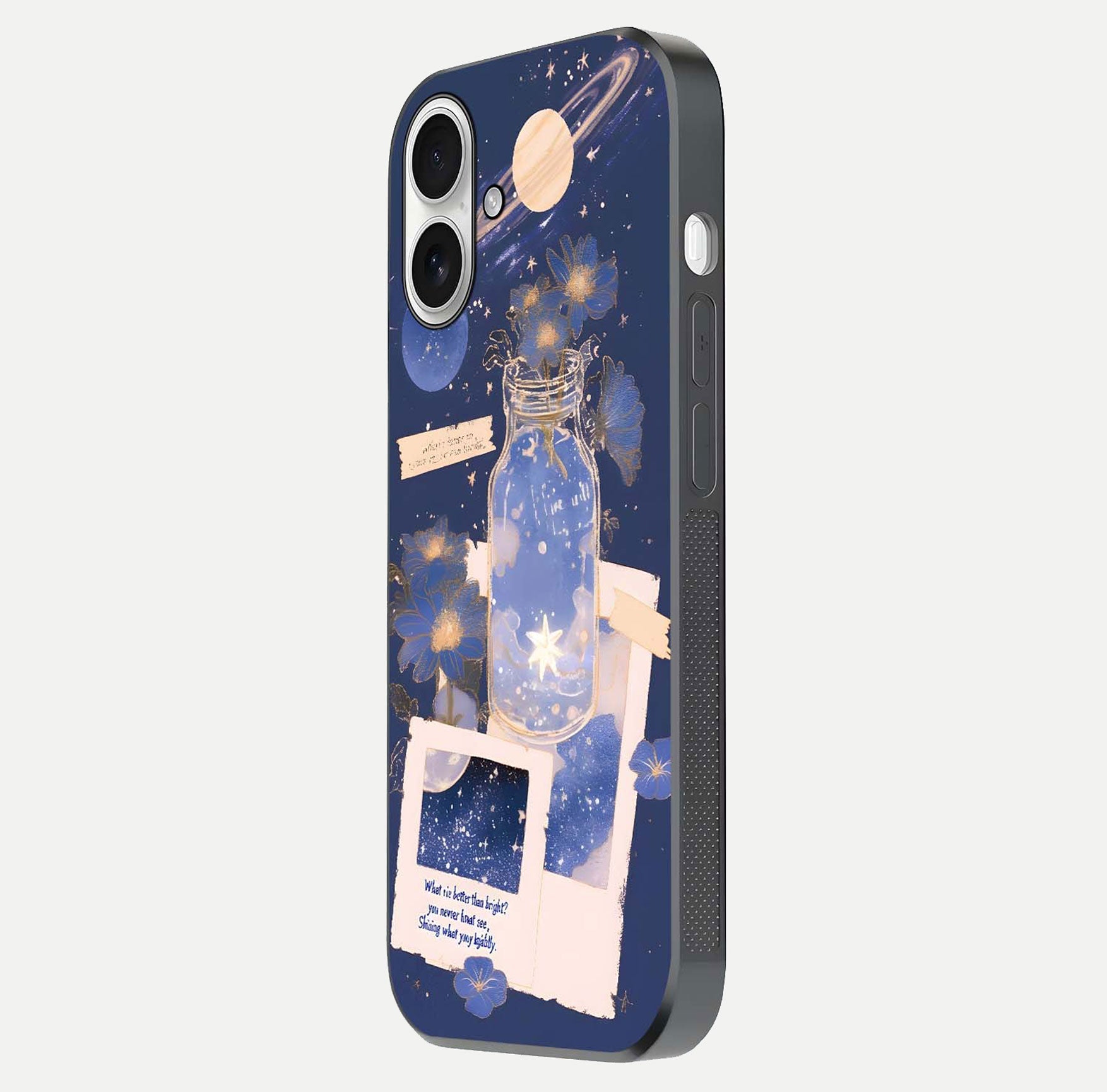 Starlit Cosmic Jar Glass Case for iPhone 17 side-angle image showing glow, texture, and light reflection