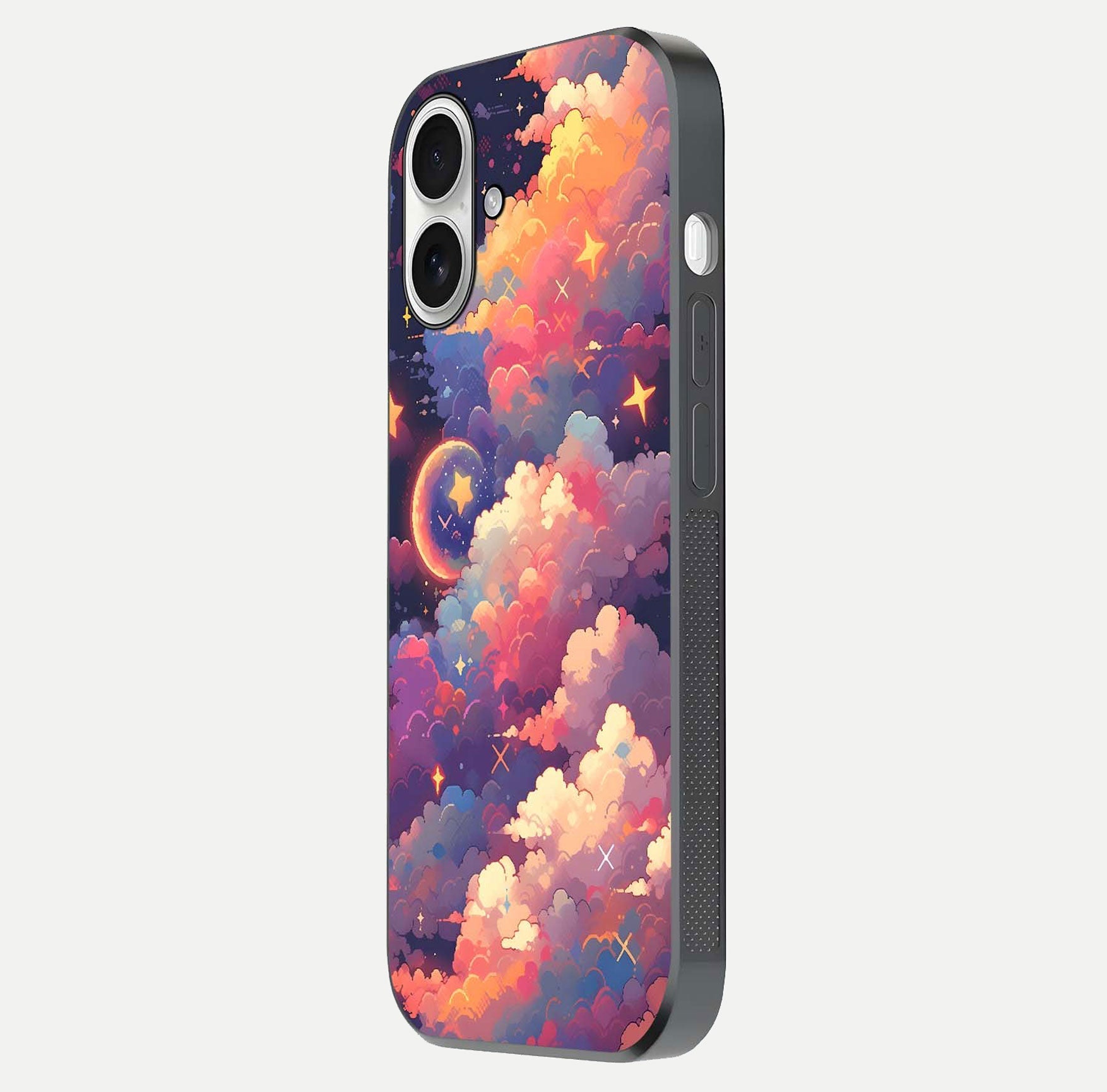 Starlit Dream Clouds Glass Case for iPhone 17 side-angle image showing shine, reflection, and dreamy tones
