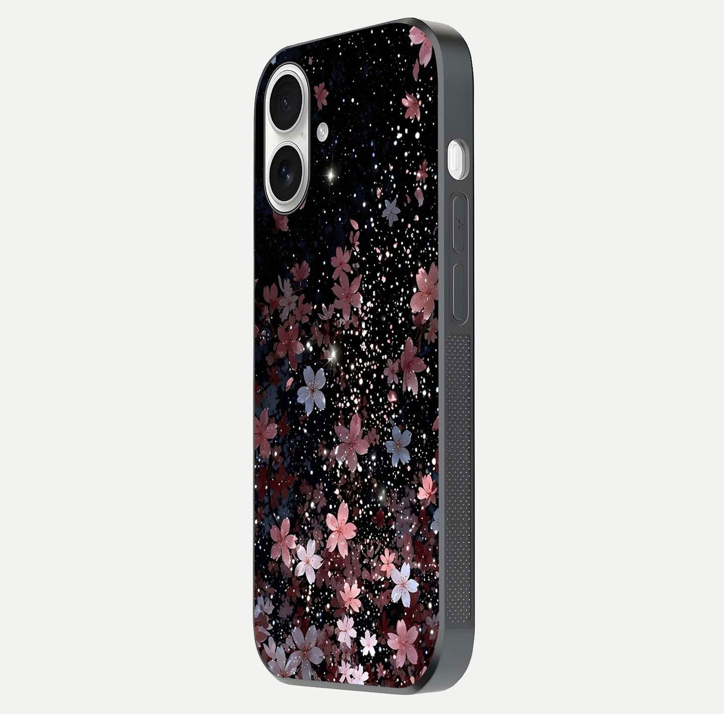 Starlit Flower Dreams Glass Case for iPhone 17 side-angle image showing shine, edge detail, and floral contrast